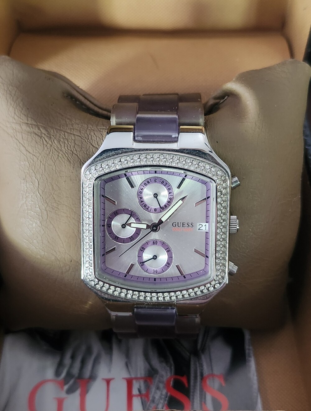 GUESS Deco Purple Crystal-Trim Purple Face Chronograph Watch- New In Box
